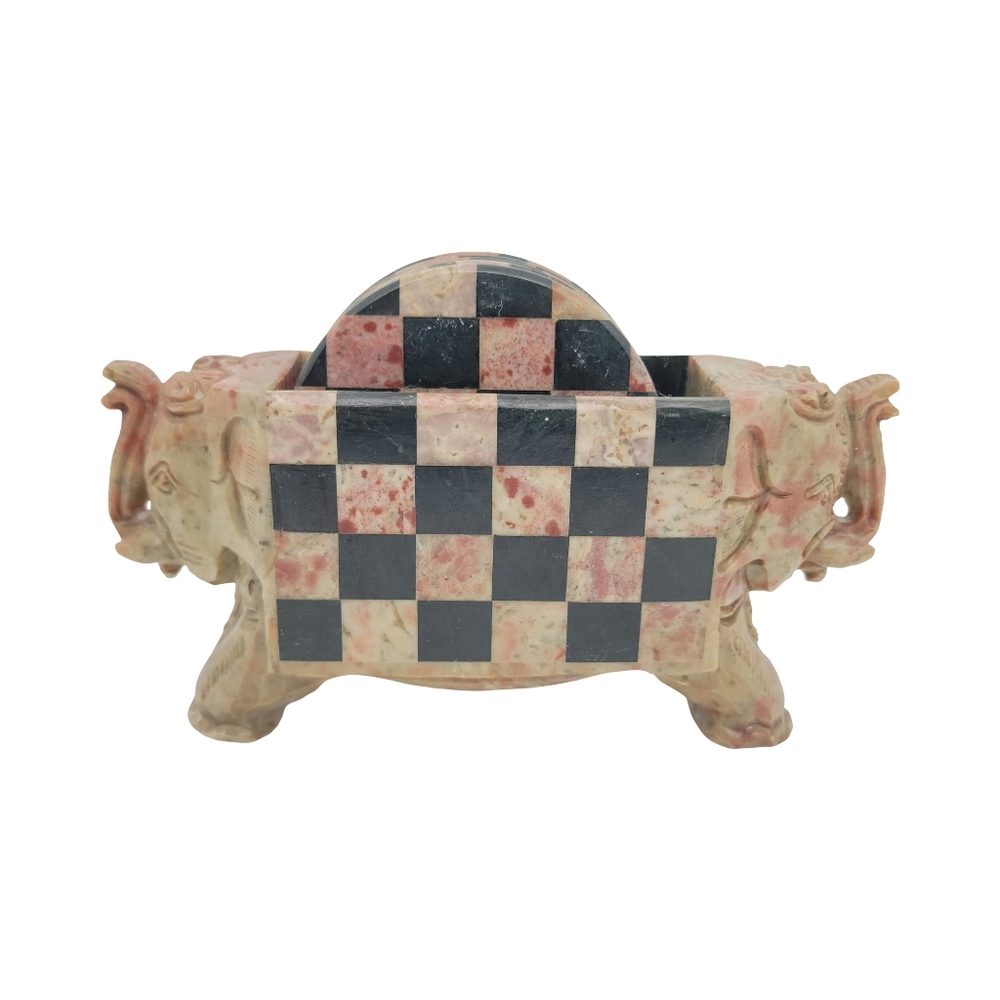 Novica Handcrafted Soapstone Elephant Checker Coaster Set India
